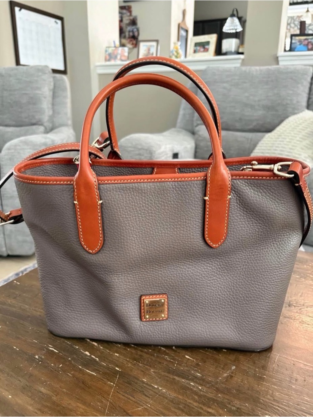 Dooney & Bourke Pebble Leather Satchel in Gray with Tan Trim